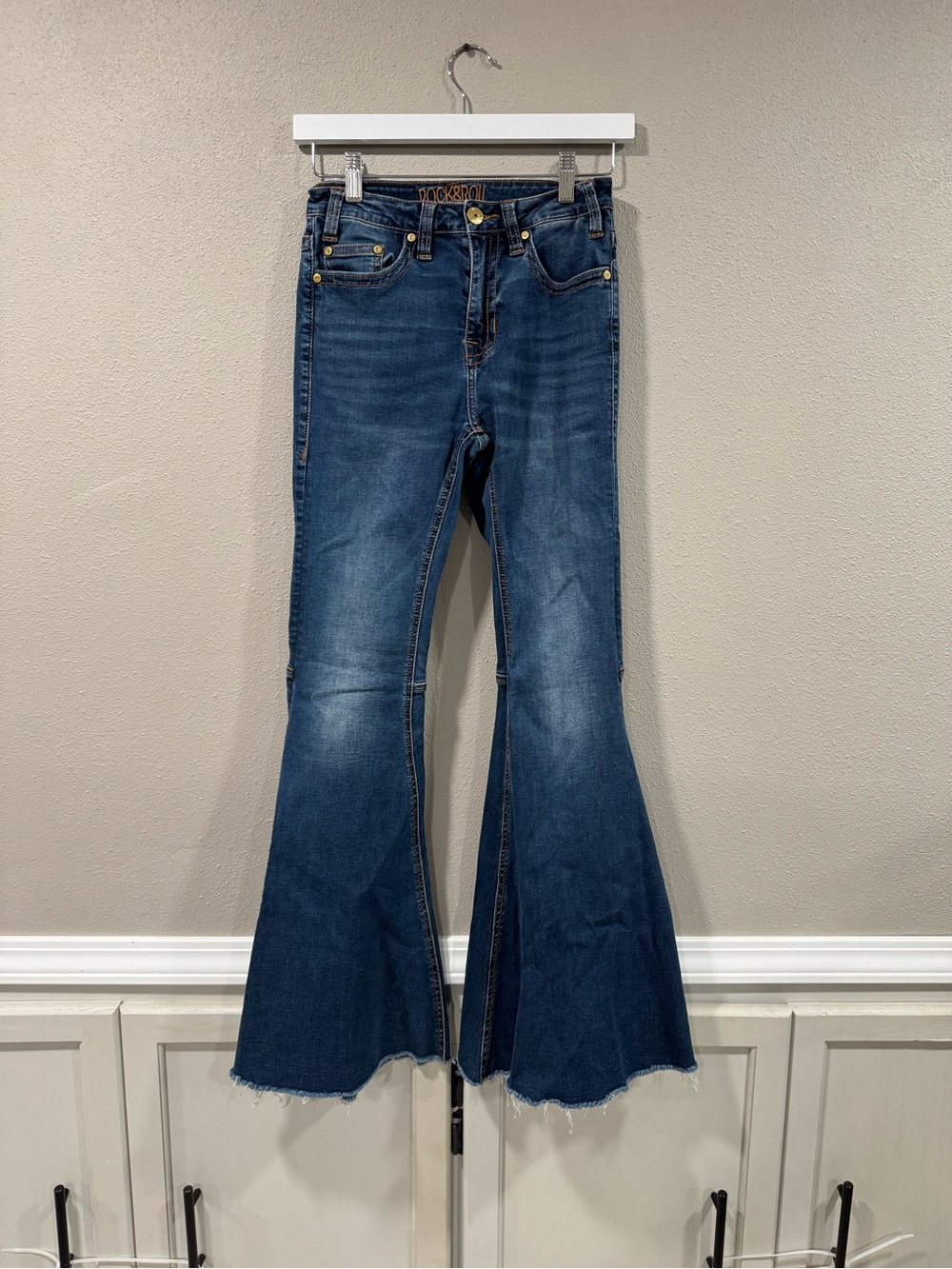 Rock & Roll High-Waist Dark Blue Flare Jeans for Women 24x32 - Picture 4 of 6